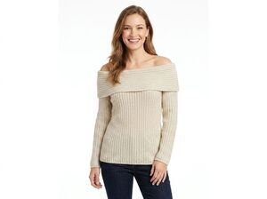 WHBM Off The Shoulder Cowl Neck Sweater Ribbed Metallic Gold Cream Womens Size M